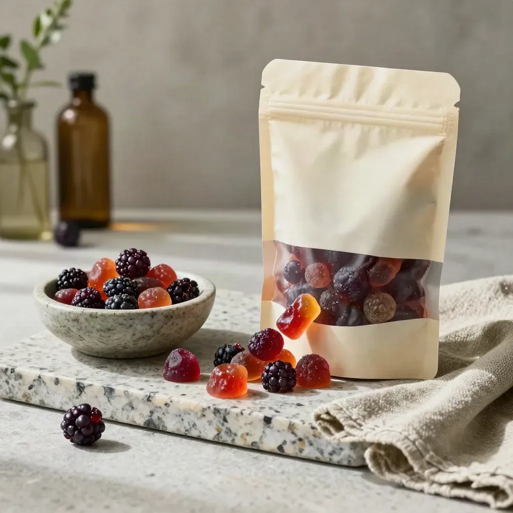 Berry gummies tumbling from a pouch beside a stone bowl and sage linen napkin.