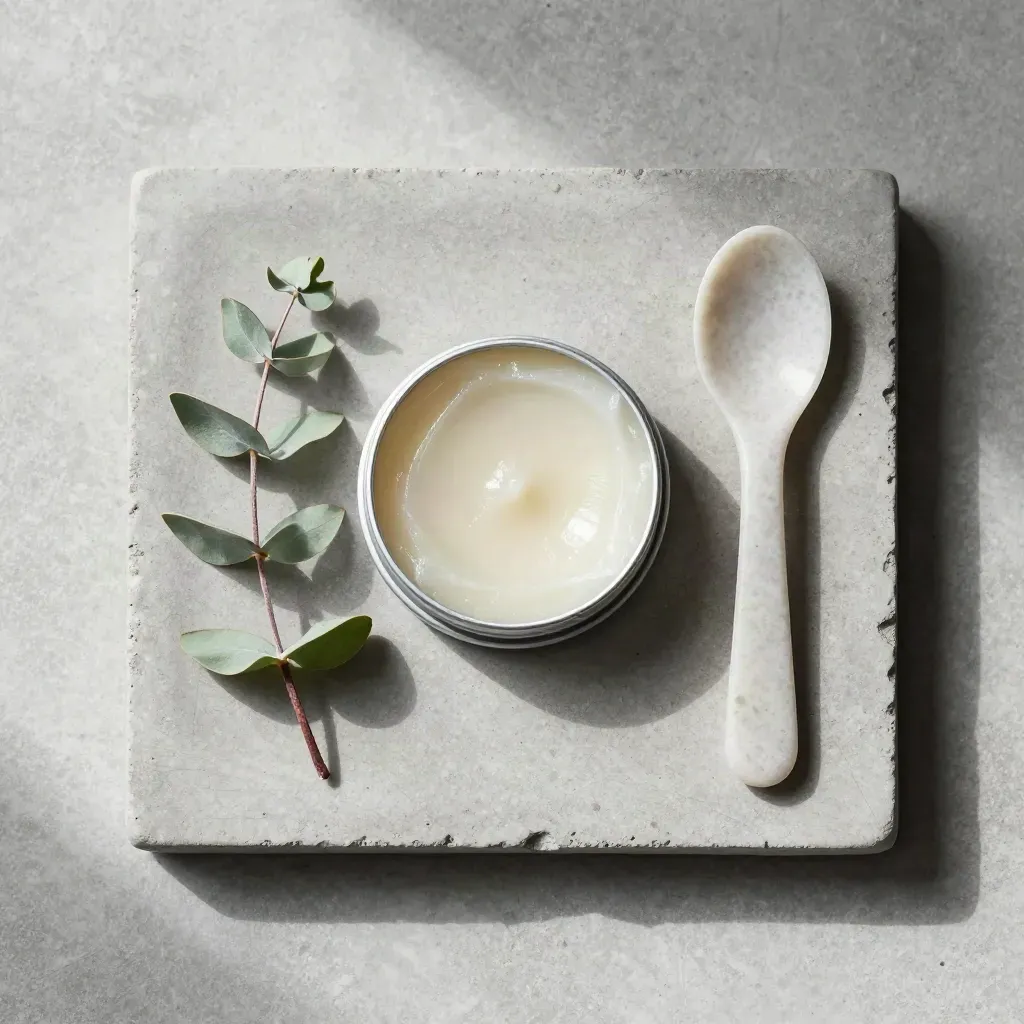 Open cooling hemp balm tin with spoon, eucalyptus sprig and pebble tray on cool stone