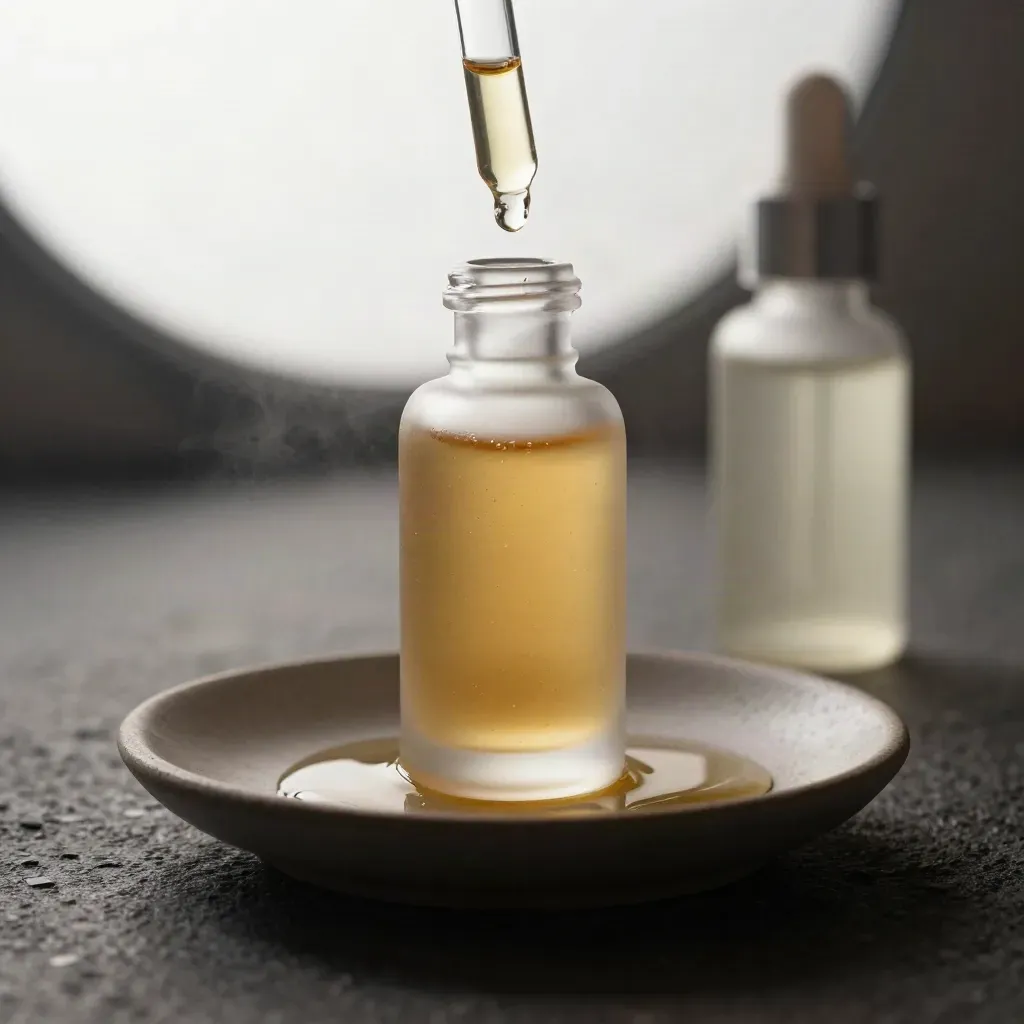 Macro of a frosted oil bottle and dropper with amber oil over a matte ceramic dish
