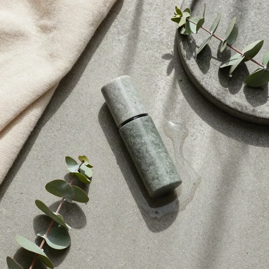 Top-down flatlay of a roll-on relief bottle with cloth, eucalyptus sprig and pebble tray on stone.