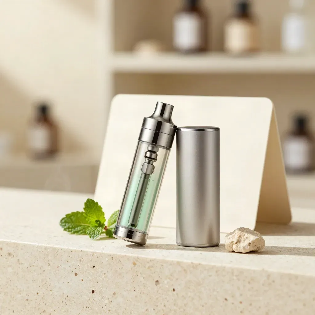 Peppermint vape cart with battery on travertine, mint leaf, beige stone, faint vapor curl