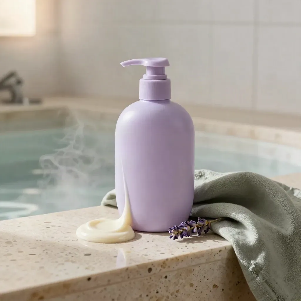 Lavender body lotion bottle with cream swirl, sage cloth, and lavender sprig on travertine